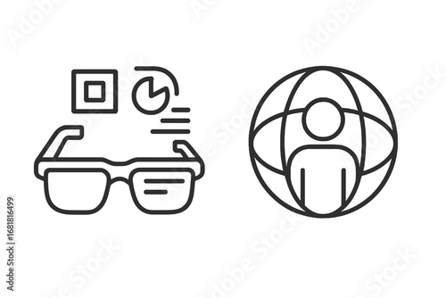 Thin line AR and VR icons of smart glasses and immersive sphere. Editable stroke vector set for metaverse, augmented reality and digital innovation.