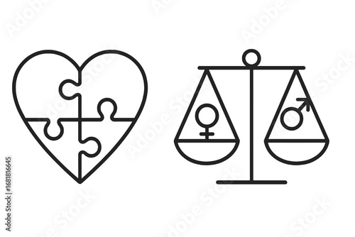 Editable stroke inclusivity icons with puzzle heart and equality scale. Outline vector set for diversity, gender balance and social equity.