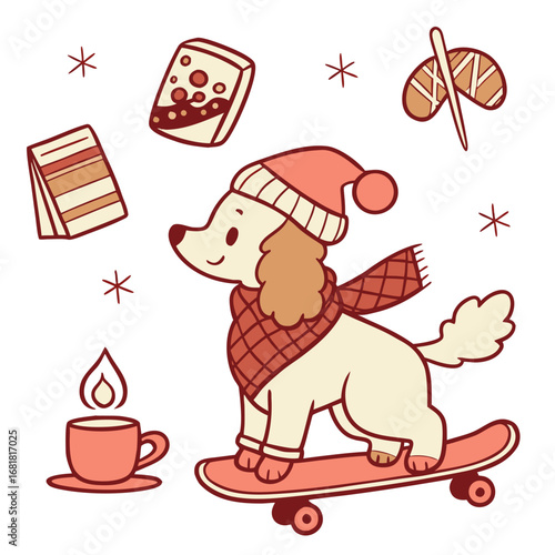 Cute Bashful Poodle, accessorized with riding a skateboard, in a Christmas world – Warm Cozy palette vector