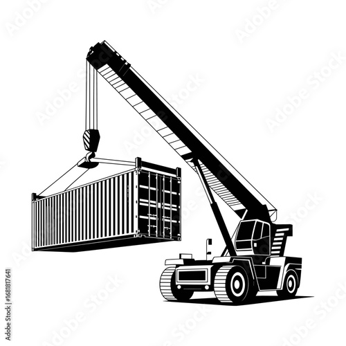 Industrial Crane Lifting Container: A monochrome illustration showcases a sturdy industrial crane expertly hoisting a massive shipping container, symbolizing global trade and logistics.