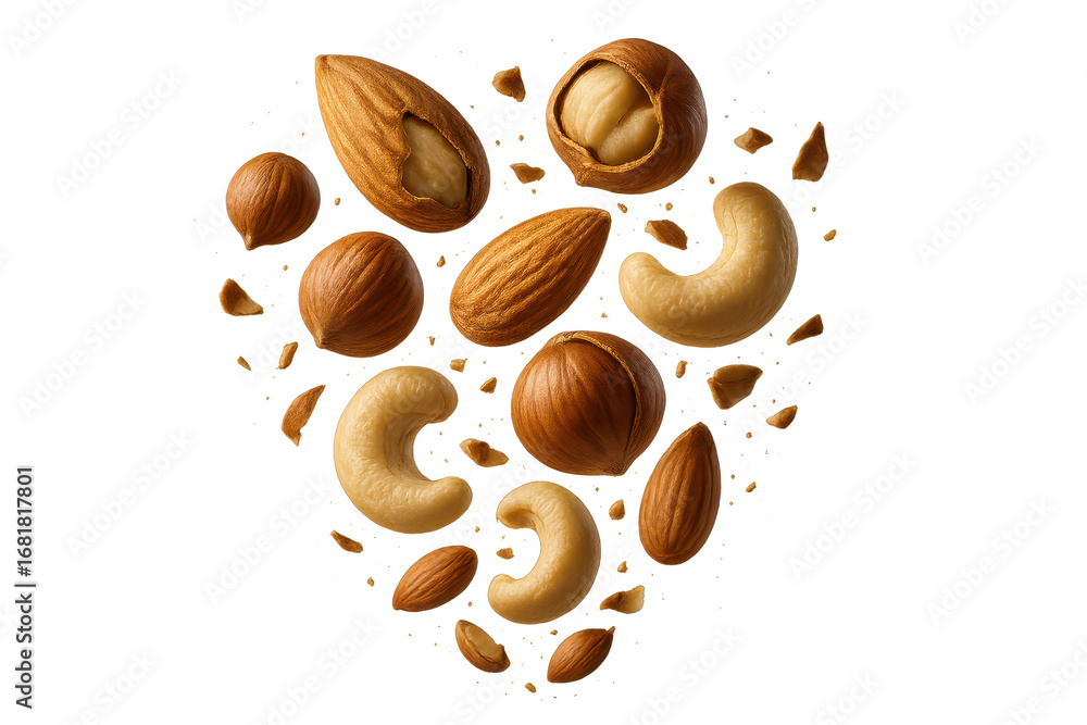 Obraz premium Assorted nuts (almonds, cashews, hazelnuts) scattered on transparent background