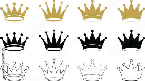 Crown vector icons, royal emblem illustrations, gold black outline crowns, monarchy symbols, regal graphics, decorative design elements, luxury branding assets