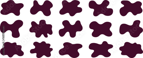 Dark maroon ink blot vector collection, abstract amorphous shapes, irregular graphic elements, psychological test symbols, design clipart pack, minimal icons