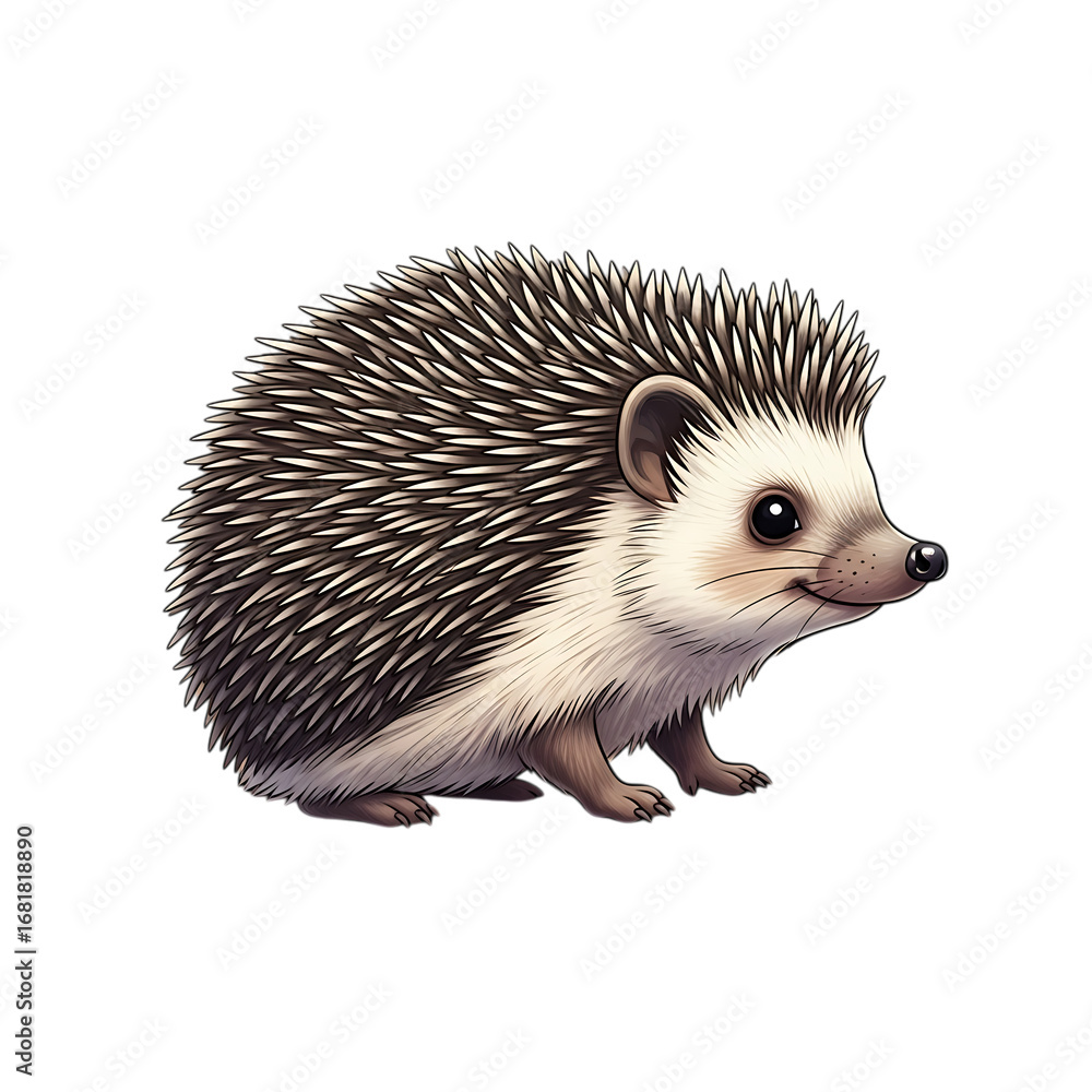 Obraz premium Illustration of a cute, fluffy hedgehog curled up slightly, showing its spiky quills and small paws, isolated on transparent background