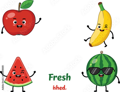 Cute cartoon fruit illustration set with apple, banana, watermelon slice, whole watermelon, funny faces, fresh fruit characters for kids