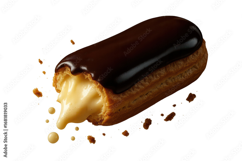 Obraz premium Sweet chocolate eclair with creamy filling, isolated on transparent background