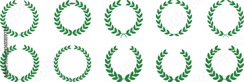 Green laurel wreath icons, award symbols, victory emblems, classical leaf crowns, vector illustration, flat design, achievement graphics, honor elements