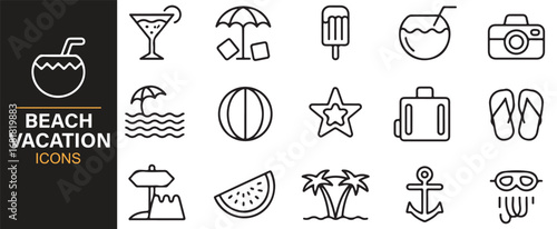 Collection of beach vacation themed icons for summer getaways