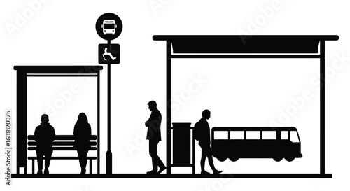 People waiting at a bus stop with a bus arriving silhouette