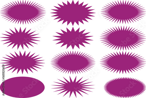 Purple starburst icons, jagged badge shapes, abstract vector elements, radial burst graphics, spiked sunburst symbols, decorative pattern set, award design