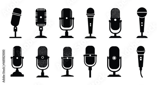 Various types of microphones in black silhouette on white background