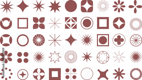 Rust-colored symbol icons, abstract geometric shapes, vector graphic elements, circular and star patterns, square motifs, symmetrical design clipart pack
