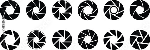 Silhouette, aperture, shutter, icon, symbol, photography, camera, lens, circular, blades, black, white, graphic, design, illustration, element, variation, technology, optical, collection