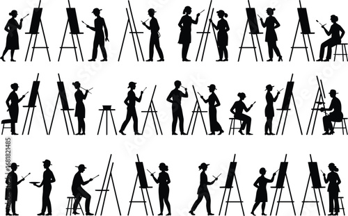 Silhouette, artist, painting, drawing, easel, canvas, creative, studio, brush, stool, pose, sketch, workshop, figure, expression, fine art, illustration, classroom, inspiration, activity