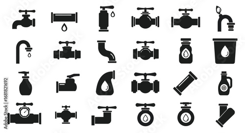 Collection of various water faucet and tap icons in black silhouette style