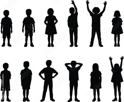 Silhouette, children, standing, posing, gesture, posture, boy, girl, dress, shorts, arms, raised, hips, playful, expressive, body language, profile, variety, illustration, activity