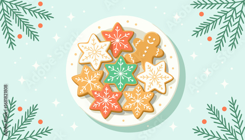Festively decorated Christmas cookies on a plate with pine branches  