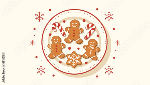 Gingerbread cookies and candy canes arranged on festive plate  