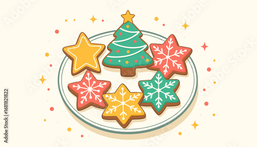 Christmas cookies decorated with festive shapes on a plate  