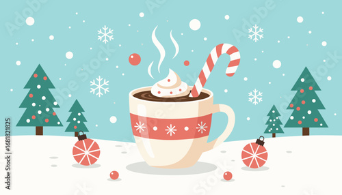 Hot chocolate in festive mug with candy cane in winter scene  