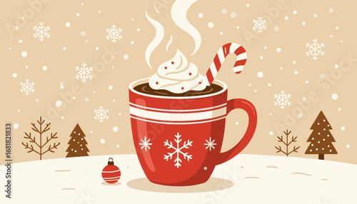 Red holiday mug with hot chocolate and whipped cream in winter landscape  