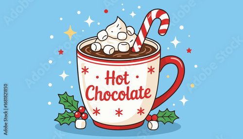 Hot chocolate with marshmallows and candy cane on blue background  