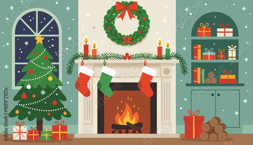 Cozy Christmas living room with decorated tree and stockings  