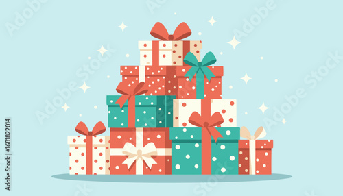 Colorful stacked Christmas presents with bows on blue background  
