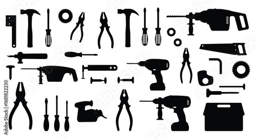 Collection of various hand tools and equipment for construction and repair work silhouette