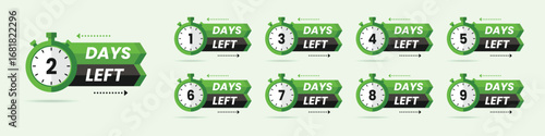 Green countdown timer collection two to nine days left vector illustration design for urgent reminder event promotion limited time sale business marketing campaign deadline banner