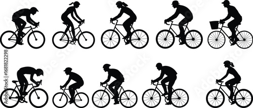 Silhouette, cyclist, bicycle, riding, posture, motion, helmet, gear, basket, commuting, racing, casual, activity, profile, movement, style, diversity, illustration, transportation, expression