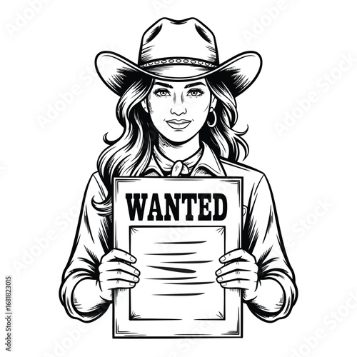 Cowgirl Holding Wanted Poster Outline Clipart – Western Line Art Vector Featuring Maiden Showing Outlaw Notice, Perfect for Rural Heritage and Vintage Western Design Projects.