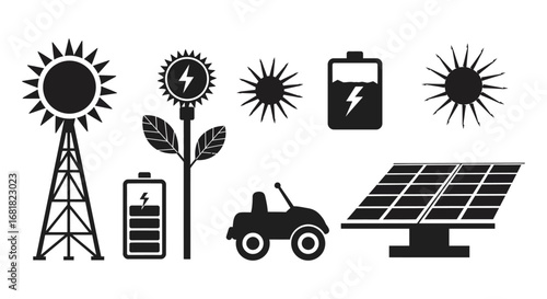 Renewable energy sources and sustainable farming icons in black and white silhouette