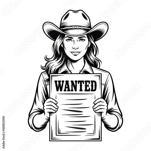 Cowgirl Holding Wanted Poster Outline Clipart – Western Line Art Vector Featuring Maiden Showing Outlaw Notice, Perfect for Rural Heritage and Vintage Western Design Projects.
