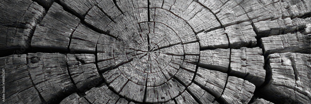 Fototapeta premium Wood grain pattern reveals age rings under black and white lighting showcasing nature's intricate details