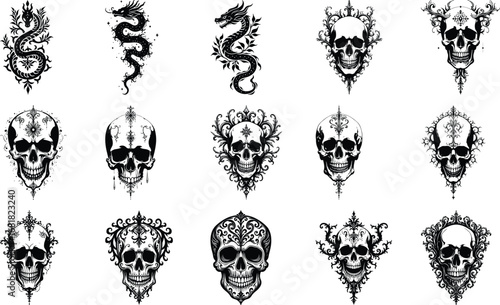 Gothic Skull and Wings Vector Set – Dark Tattoo Style Art