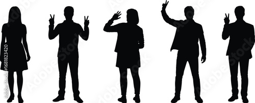 Silhouette, people, standing, gesture, peace sign, hand signal, fingers raised, posture, male, female, group, motion, profile, activity, illustration, communication, expression, casual