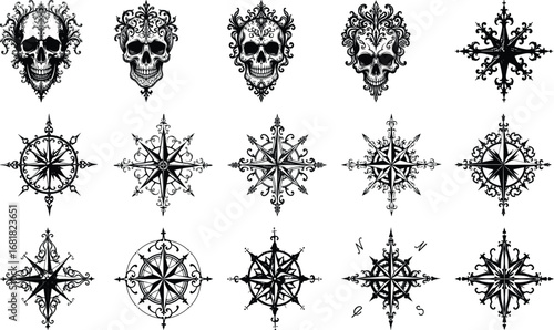 Gothic Skull and Wings Vector Set – Dark Tattoo Style Art