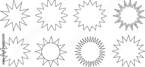 Starburst shapes, sunburst icons, vector outlines, black radial forms, geometric spikes, minimal style, abstract symbols, symmetrical design, graphic elements, pattern set
