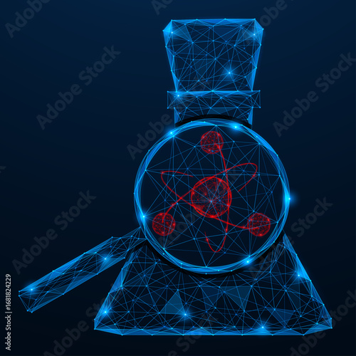 Research at the molecular level. An atom in a flask under a magnifying glass. Polygonal design of interconnected lines and dots.
