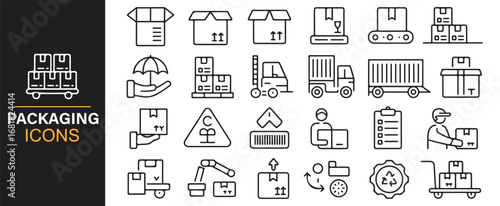 Collection of modern packaging and shipping icons for logistics and e commerce