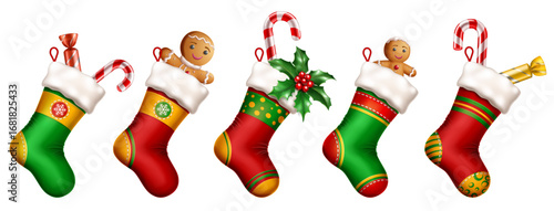 Set of five festive Christmas stockings filled with holiday treats like candy canes, gingerbread men, and holly. Each stocking is uniquely designed with vibrant colors and patterns.