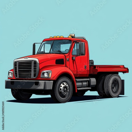 Red flatbed truck parked against a vibrant blue background showcasing its bold design and robust features