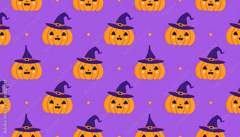 Fototapeta premium A cheerful Halloween pattern featuring pumpkins with witch hats, set against a vibrant purple background.