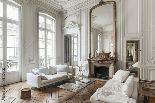 Elegant Parisian Apartment Interior with Ornate Details, Large Windows, and Luxurious Furnishings Presenting a Bright Ambiance