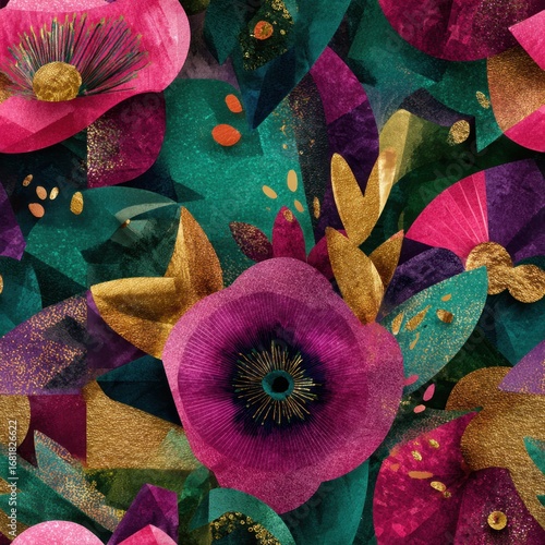 Vibrant Abstract Floral Design with Gold Highlights in Geometric Patterns.