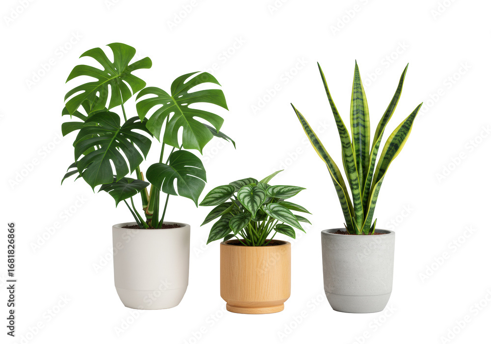 Obraz premium Vibrant Monstera, variegated Peperomia, and striped Sansevieria plants in clean-lined ceramic, wood, and concrete pots on a seamless transparent studio background with soft high-key light. Concept of