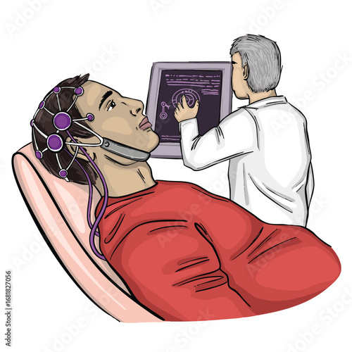 Vector Illustration of a patient undergoing brain research with EEG electrodes connected to a monitor. Scientist studies brain activity on screen. Concept for neuroscience and medical technology