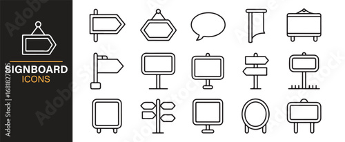 Collection of diverse signboard and directional icons for graphic design projects