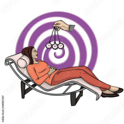 Vector Illustration of a woman under hypnosis therapy. Patient lies on a recliner while a hypnotist hand swings a pendulum with clocks, against a purple spiral background. Psychology concept